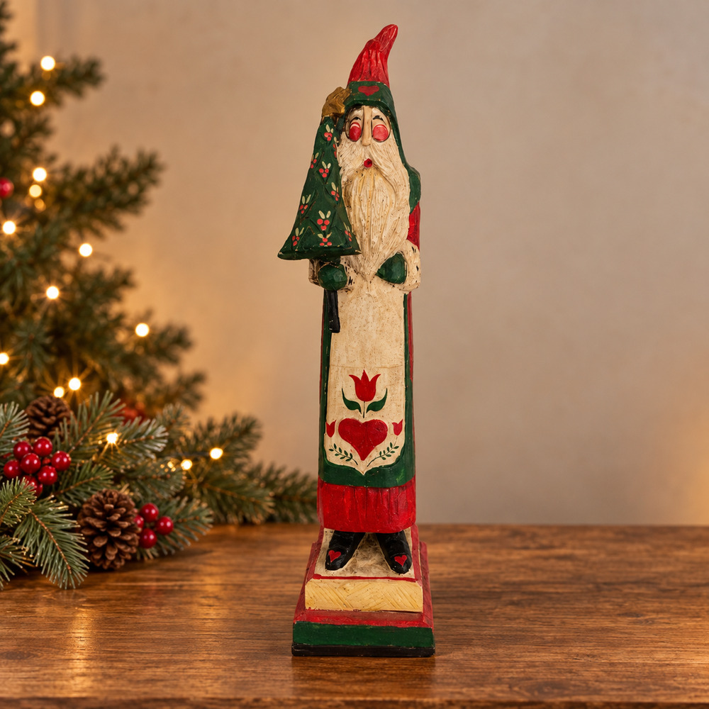 House of Hatten Santa Christmas Tree 19" Figurine Folk Art Heart Tulip Vintage